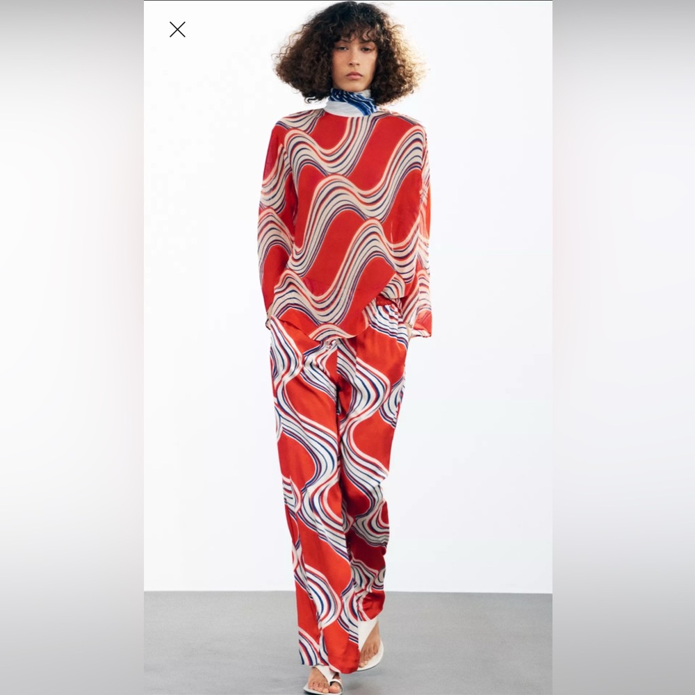 Zara Woman Red,Blue and White Wave Pattern Jumpsuit